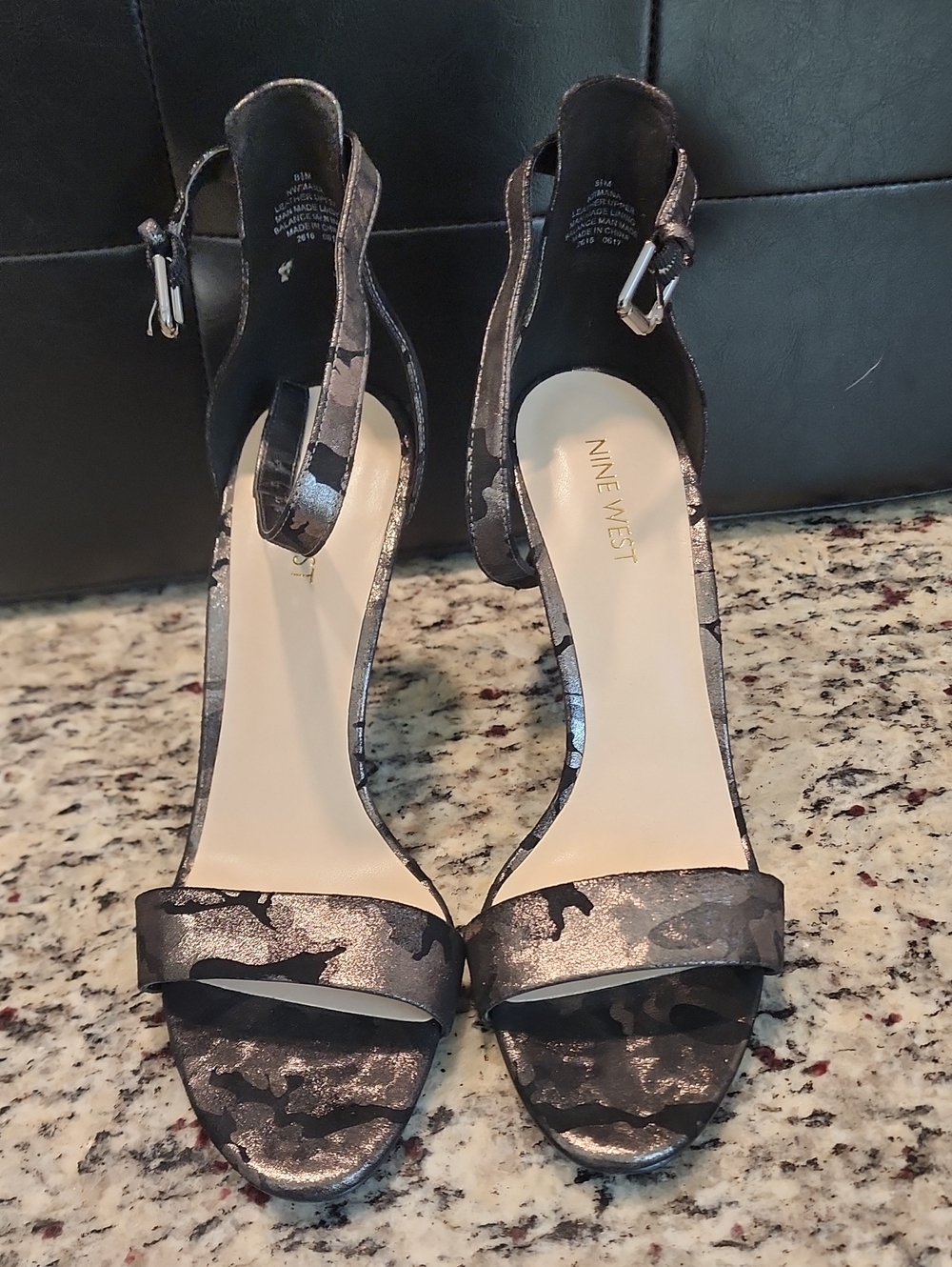 Nine West Metallic Gunmetal Black Camo Print Open-Toe Ankle-Strap Heels